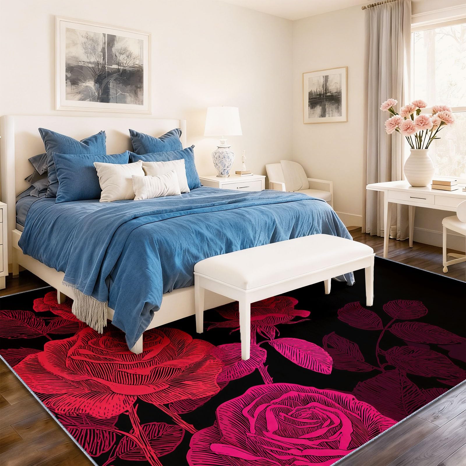Retro Strichzeichnung floral Teppich Wohnzimmer 80x150cm, rutschfest Kurzflor Kunstwolle Schlafzimmer Teppich, Waschbar rosa schwarz Bettvorleger Teppiche für Wohnzimmer Schlafzimmer