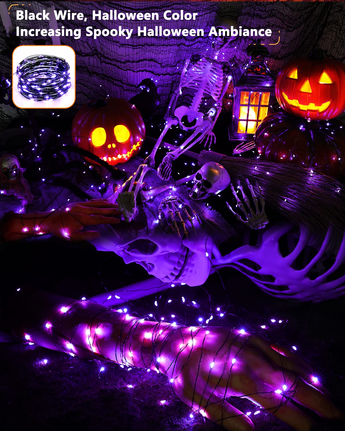 2 Pack Solar Halloween Fairy Lights – 78FT Total, 240 LED Orange & Purple String Lights, 8 Modes, Waterproof – Black Wire Outdoor Decor