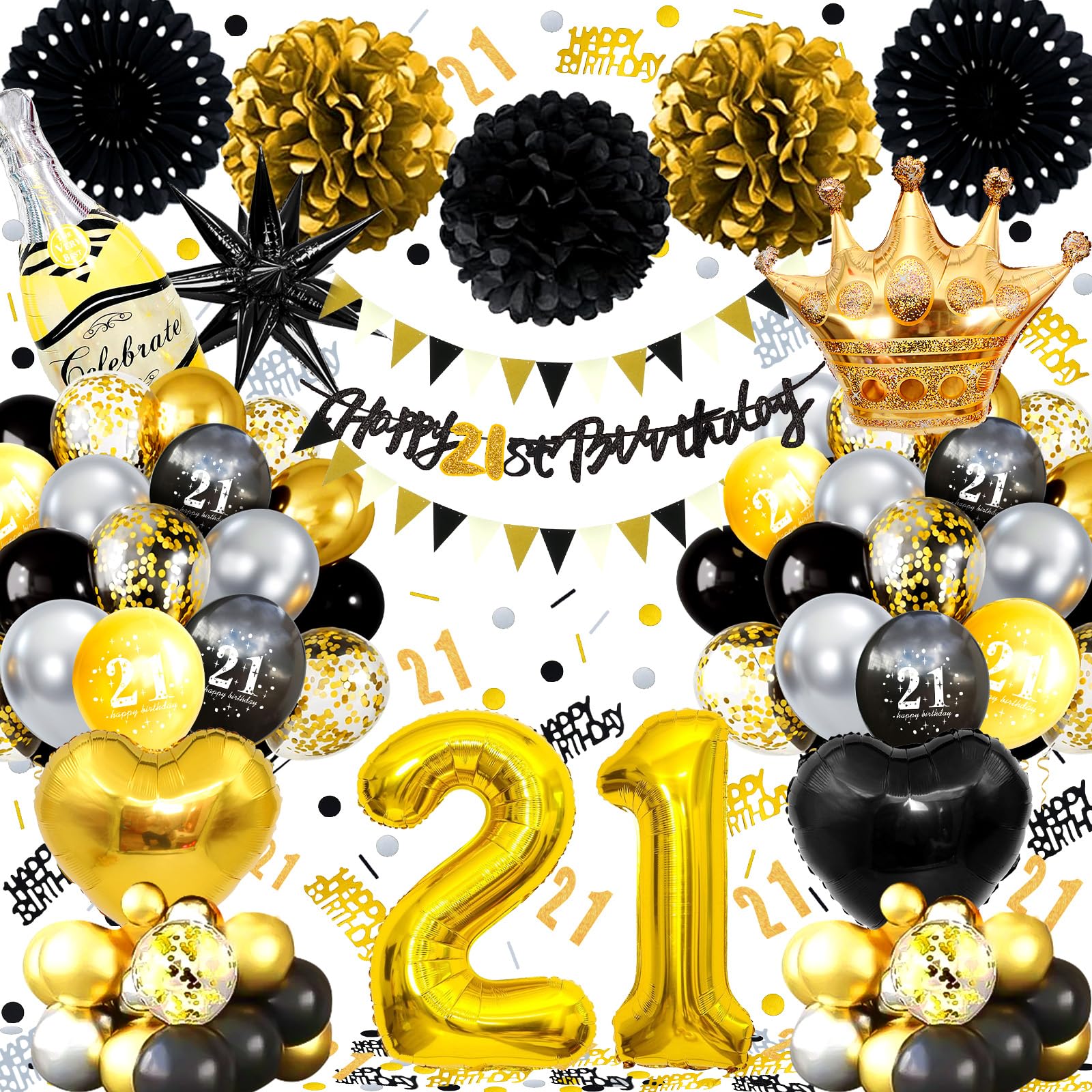 21st Birthday Balloons Black Gold, Banner, Triangle Flag, 21st Birthday Decorations, Black Gold Party Decorations Set, Latex, Heart, Crown And Numbers Balloons, Confetti, Paper Pom Poms, Ribbon