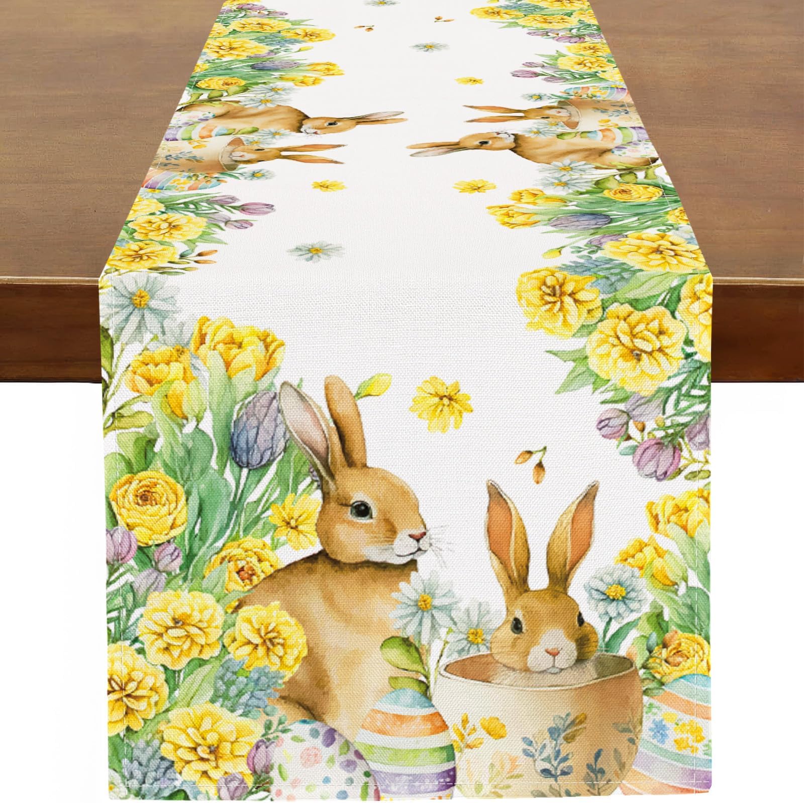 Baccessor Easter Table Runner Bunny Rabbits Yellow Dahlia Floral Runner for Table Kitchen Dinning Table Decor for Spring Seasonal Holiday Home Easter Decoration 13x72 Inch