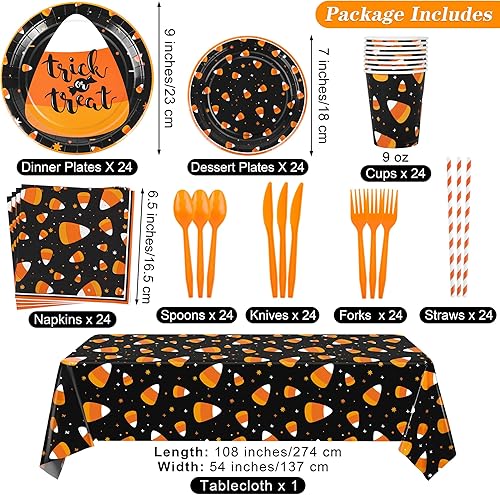 Miniatura 2 de durony Juego de vajilla de 193 piezas de suministros de fiesta de maíz de caramelo de Halloween, platos de truco o trato y mantel de maíz de