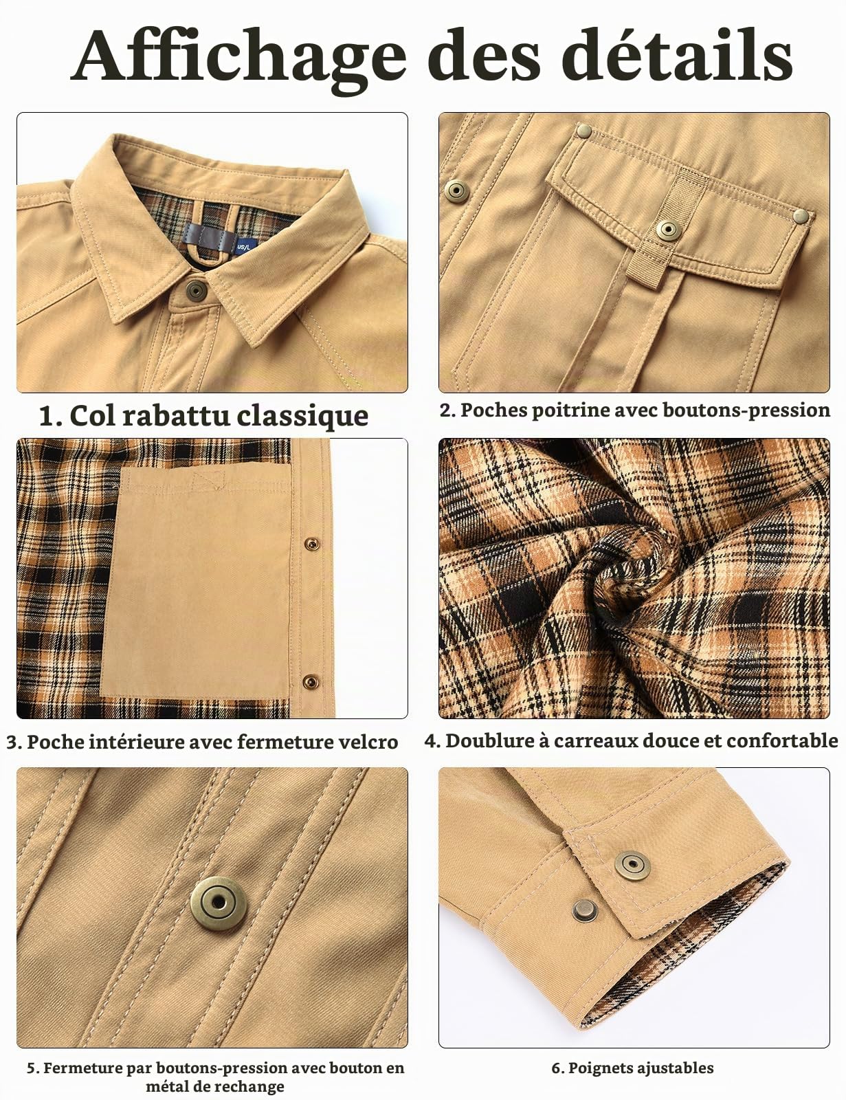 Svanco Chemise Homme De Mi-saison Avec Doublure À Carreaux, Col Montant, Veste Cargo Pour Le Printemps Et L'automne