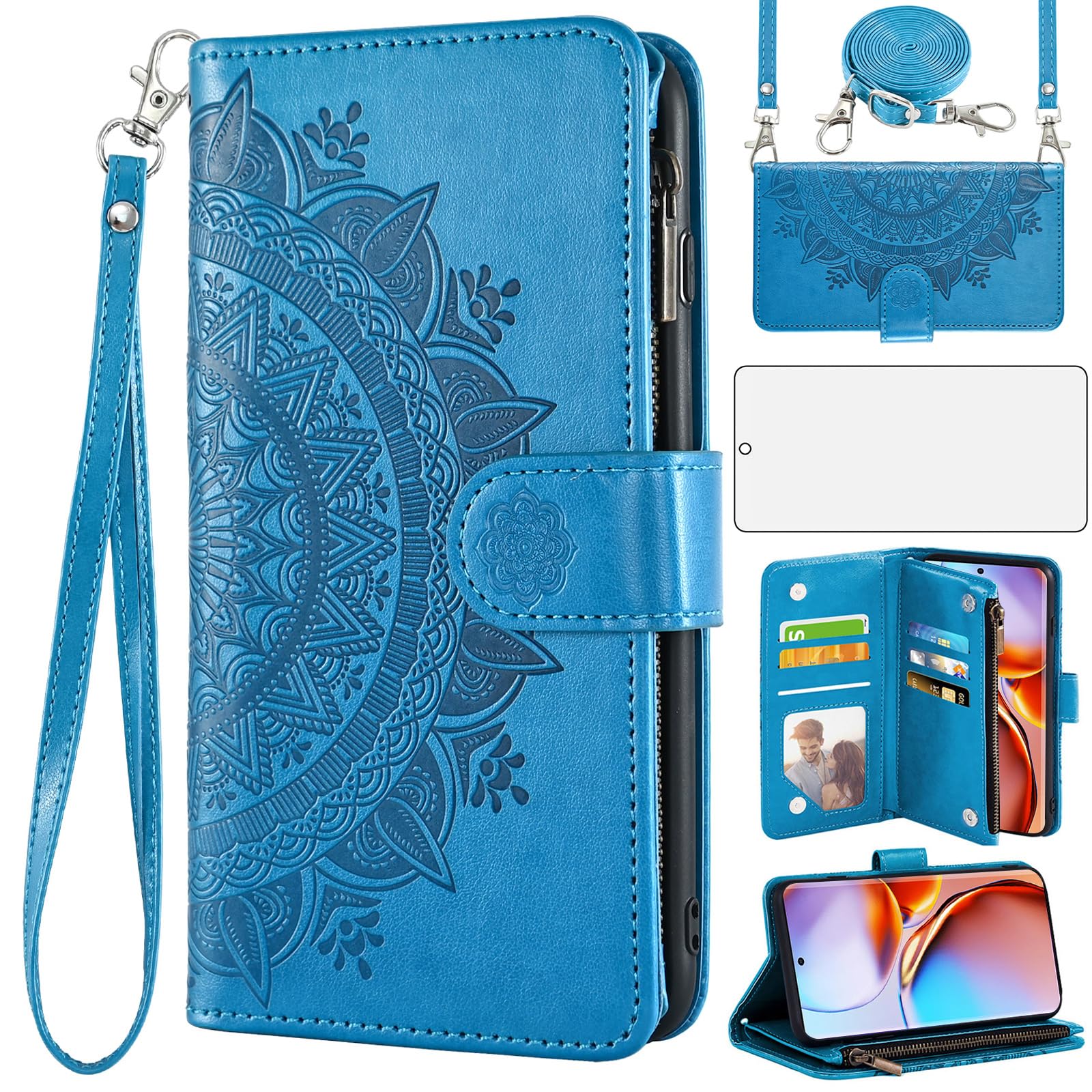 Asuwish Phone Case for Motorola Edge+ Plus 2023/Edge 40 Pro 5G/Moto X40 Wallet Cell Cover with Screen Protector Lanyard Wrist Strap Mandala Flower