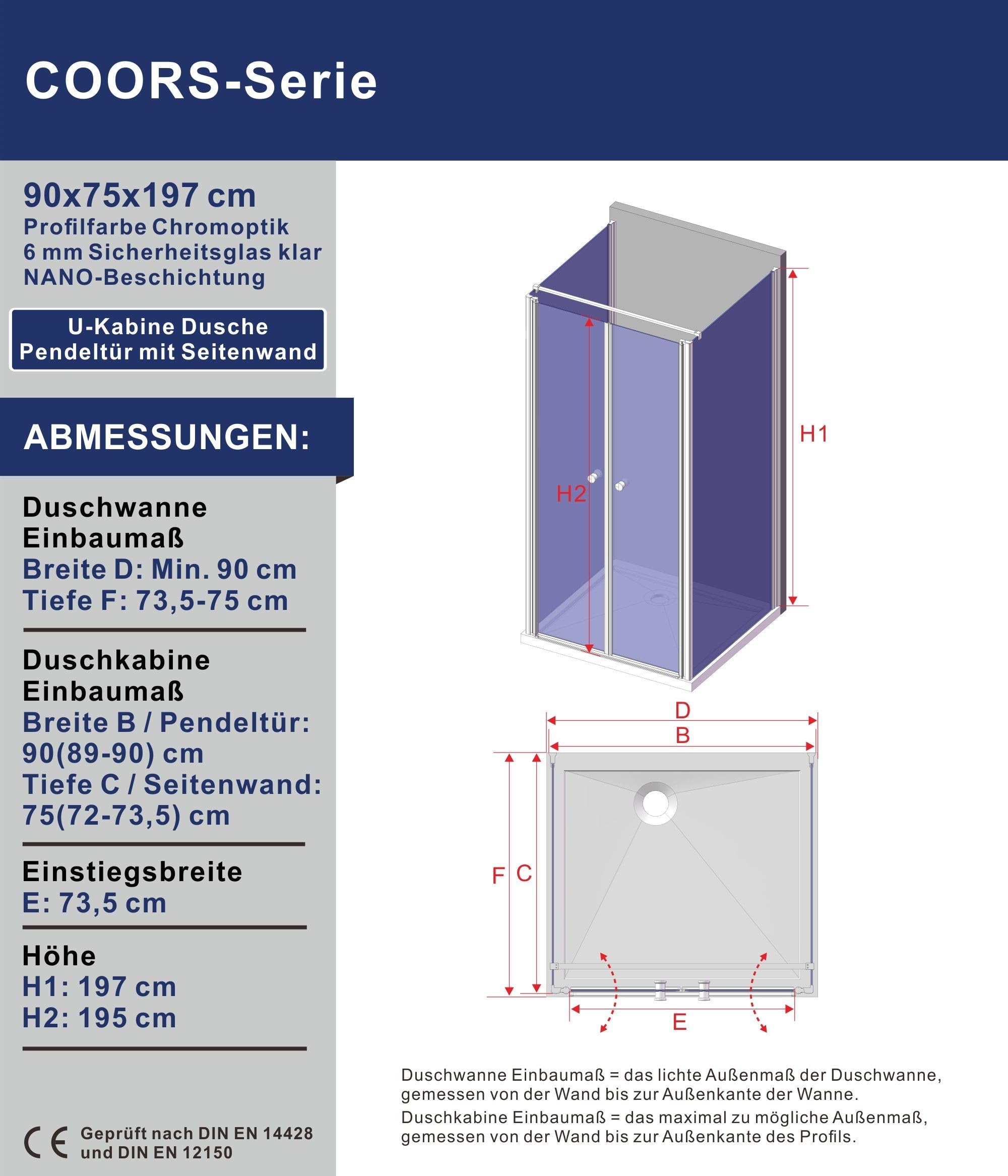 3-seitige Duschkabine U Form 90x75x197cm U-Kabine Duschtür Duschabtrennung Duschwand Glas Dusche Eckdusche Pendeltür Klarglas 6mm Nano Sicherheitsglas mit Heb-Senk-Mechanismus