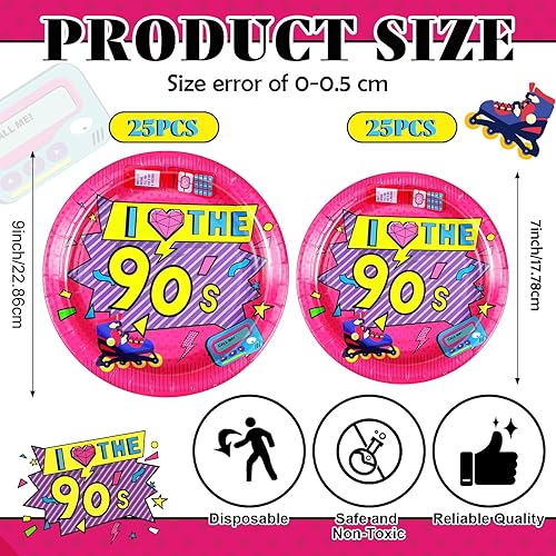 Miniatura 2 de Yungyan 50 platos de fiesta retro de los años 90 desechables de papel de los años 90 I Love the 90's Vajilla de 9 pulgadas y 7 pulgadas de regreso a