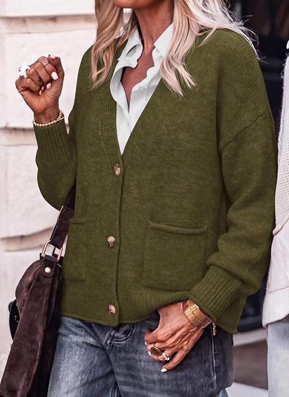 dowerme Women’s Casual Button Down Chunky Cropped Army Green – product photo 7 of 8