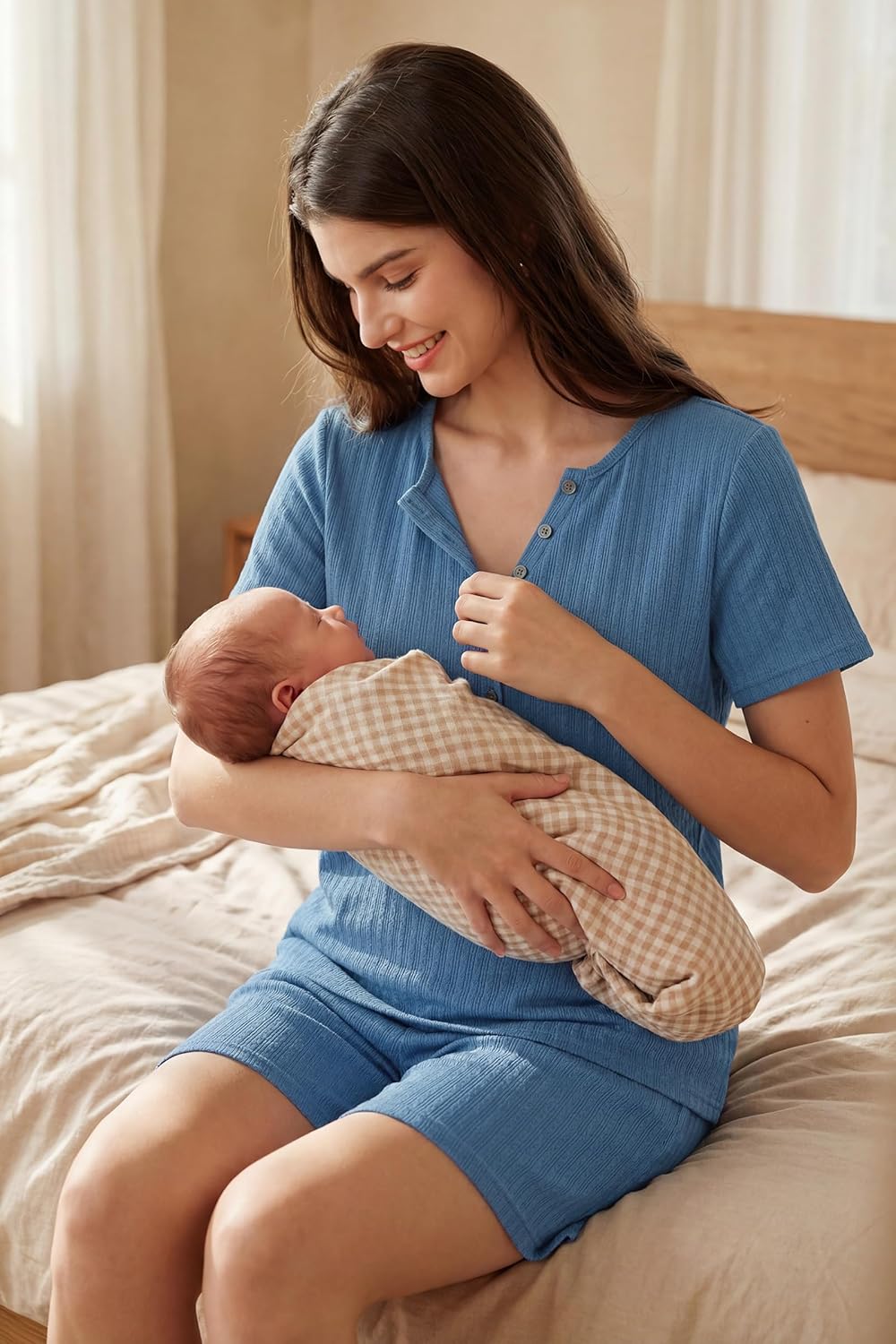 OUGES Women's 100% Cotton 2 Piece Maternity Nursing Pajama Sets Pregnancy Postpartum Loungewear with Pockets - Image 3