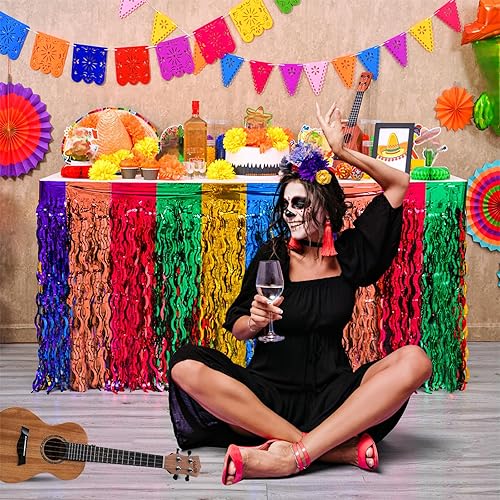 Miniatura 6 de Mega-L - Decoraciones de fiesta para fiesta, paquete de 2 faldas de mesa onduladas de oropel metálico con flecos, decoración temática mexicana,