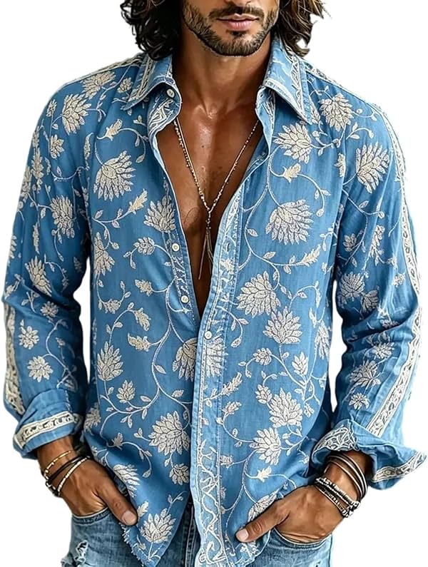 Camisa Hawaiana de Manga Larga Casual para Hombre Ctreela con Botones, Camisas de Flores Vintage de los 70, Camisa Clásica de Playa Hippie
