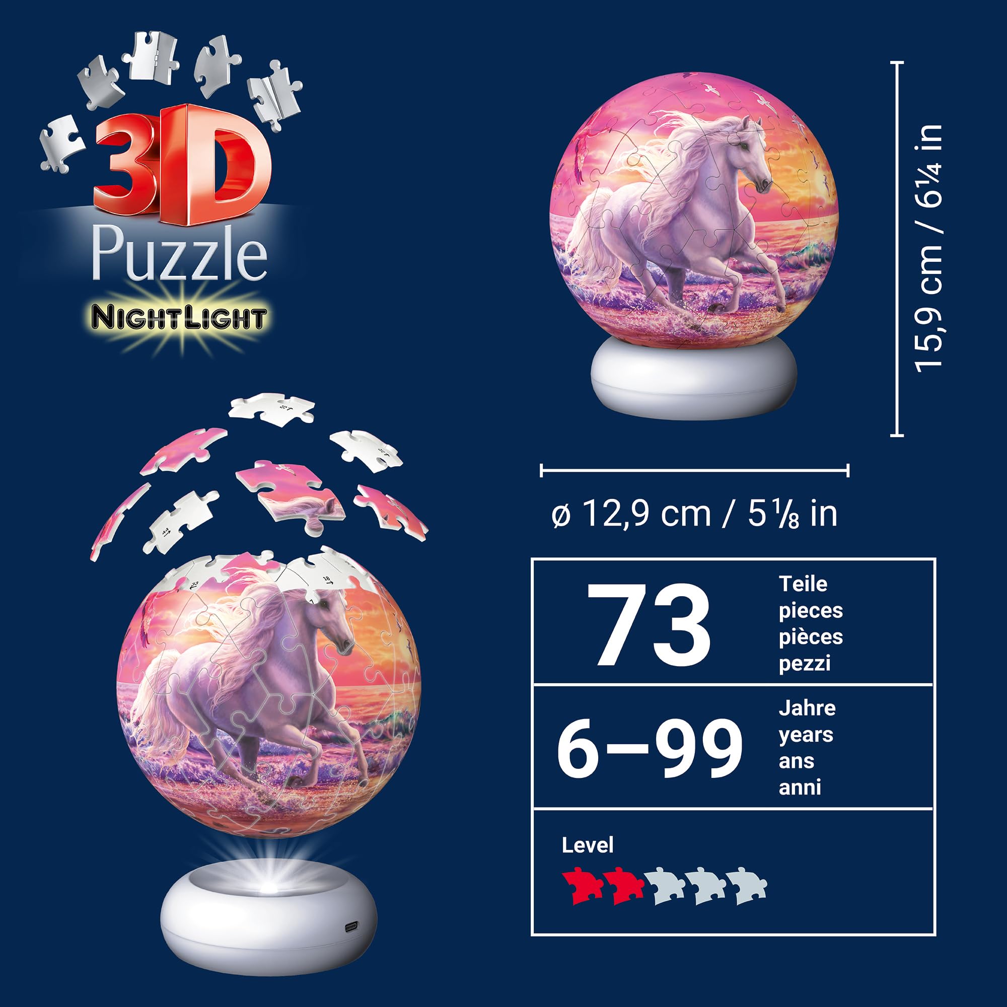 Ravensburger 3D Puzzle Pferde am Strand - 3D Puzzle Kinder ab 6 Jahren - Puzzle-Ball mit LED Nachtlicht als Nachttischlampe für Kinder - Pferde Geschenke für Mädchen und Jungen - 12008054