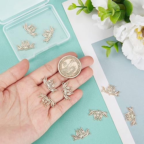 Miniatura 3 de Beebeecraft 1 caja de 16 dijes de flor de loto chapados en oro de 18 quilates, componentes de araña, enlaces de loto hueco, colgantes con 4 bucles