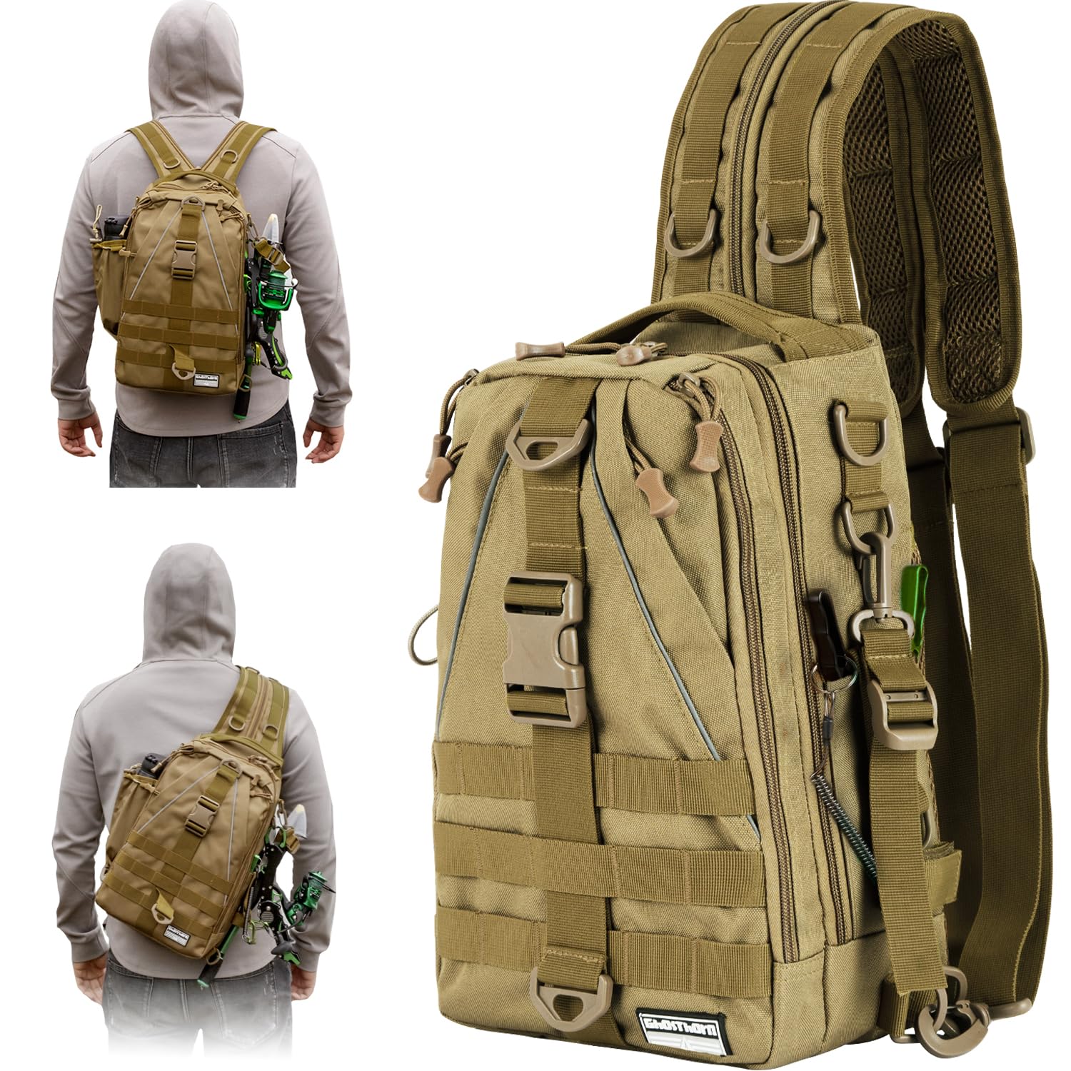 Ghosthorn Fishing Backpack Tackle Sling Bag - Fishing Backpack with Rod Holder - Tackle Box Fly Fishing Gifts for Men Women