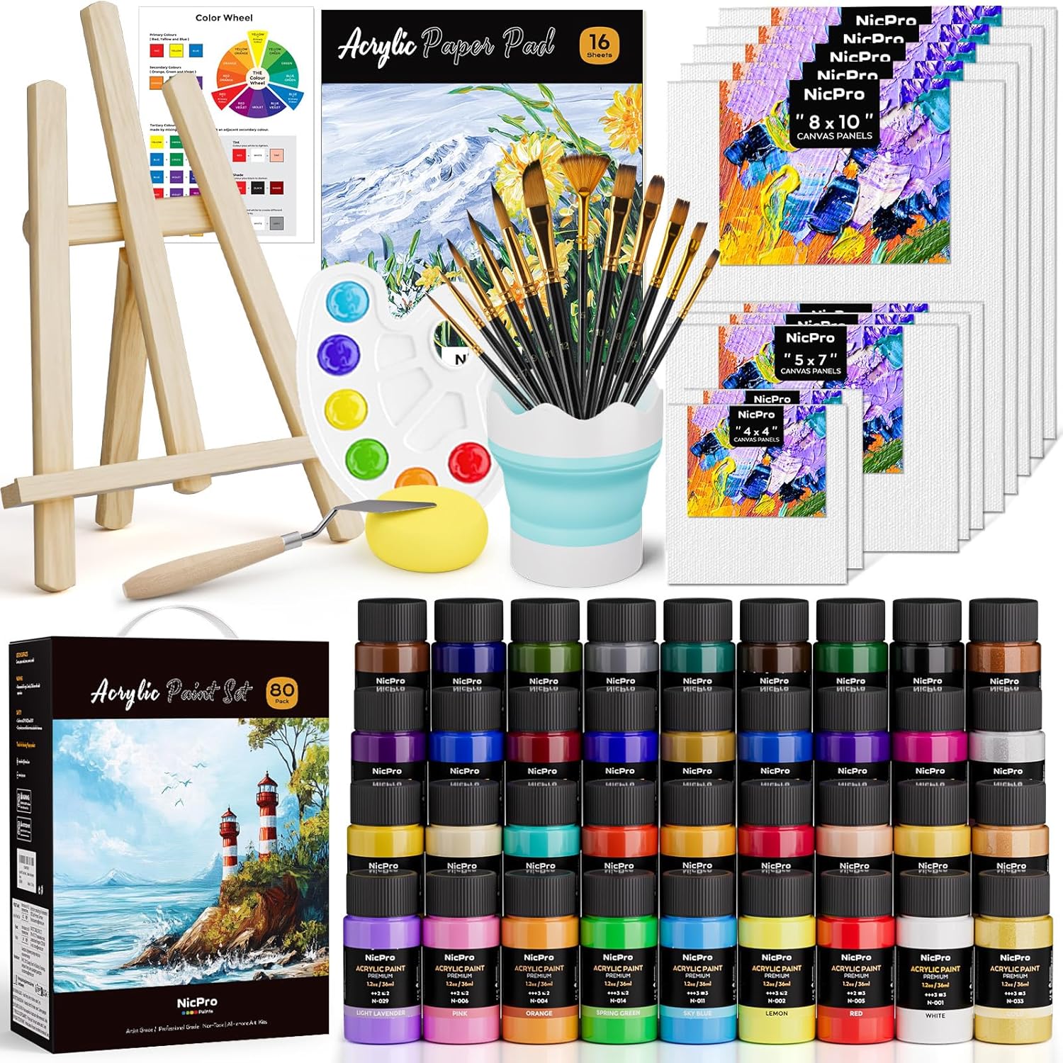 Nicpro Acrylic Paint Canvas Set for Adults, 80PCS Art Painting Supplies Kit with 36 Paints(36ML), Table Wood Easel,10 Canvas Panels,12 Paint Brushes,Paper Pad, Cup, Palette for Beginner Artist Adults 36 colors