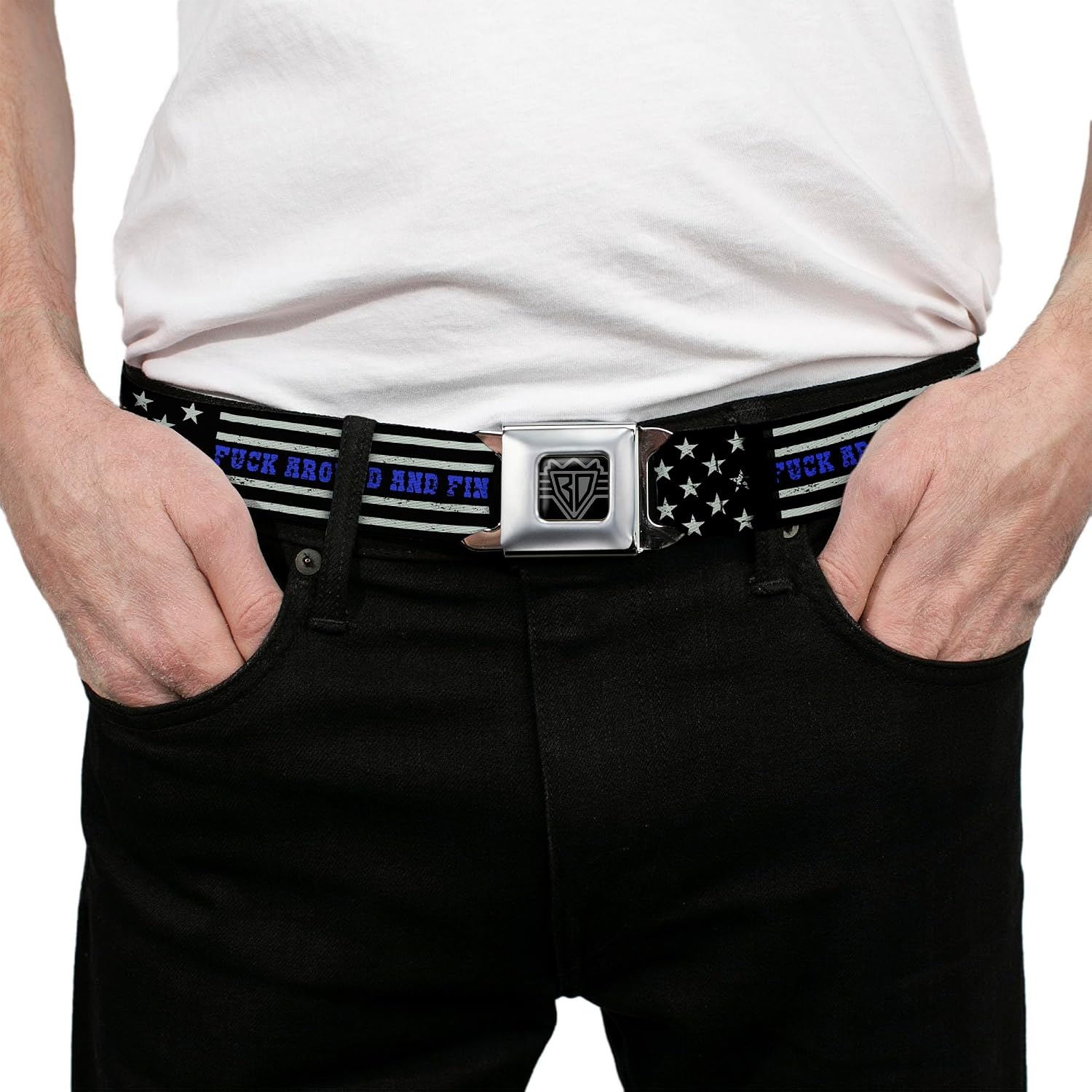Buckle-Down Belt, Seatbelt Buckle Belt, FAFO Fuck Around and Find Out Thin Blue Line Flag, Adjustable