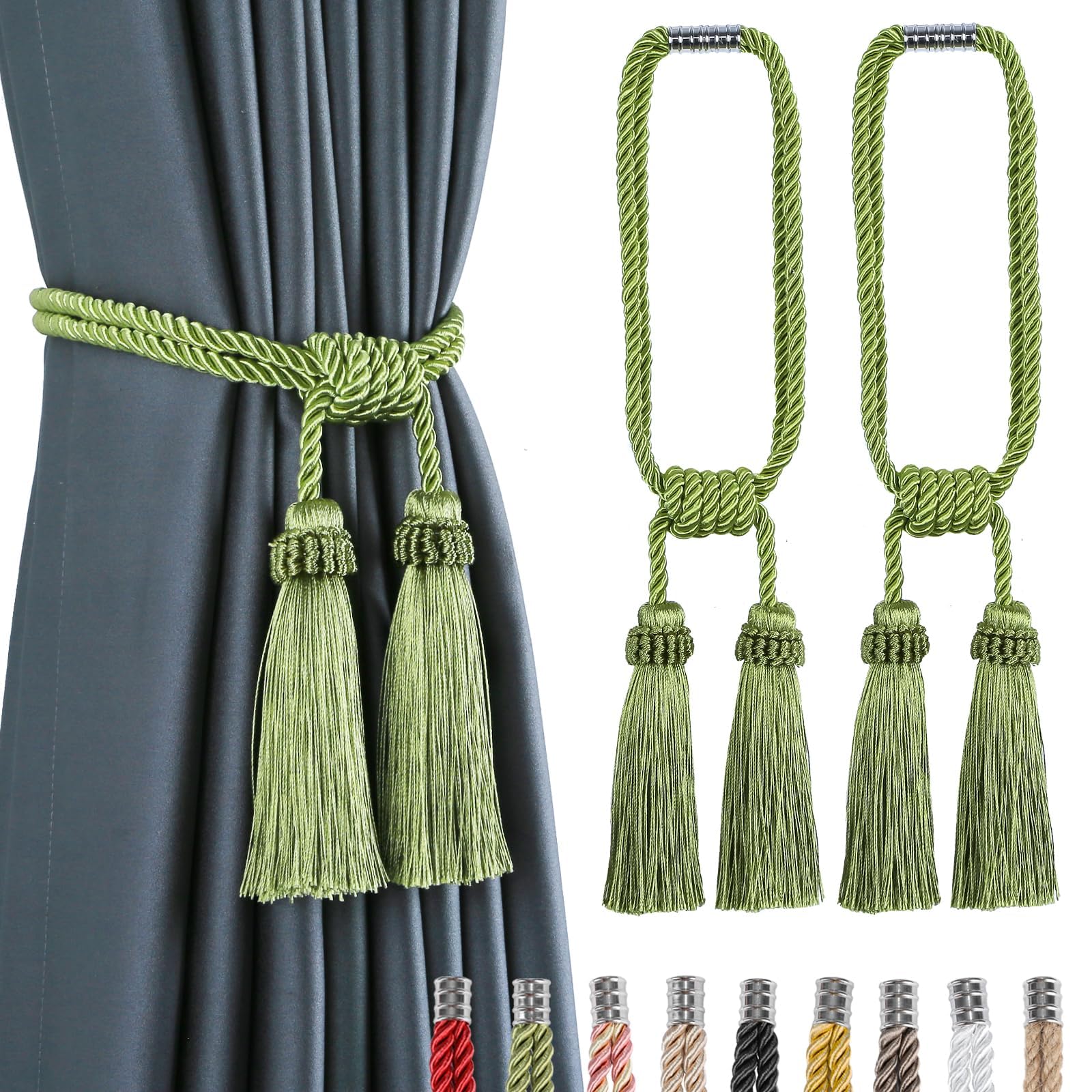 Fenghuangwu Magnetic Curtain Tiebacks 4Pack Tassel Curtain Tieback Modern Handmade Tie Backs,Decorative Tassel Holdback for Draperies,Window Decor (2, Green) — image 1