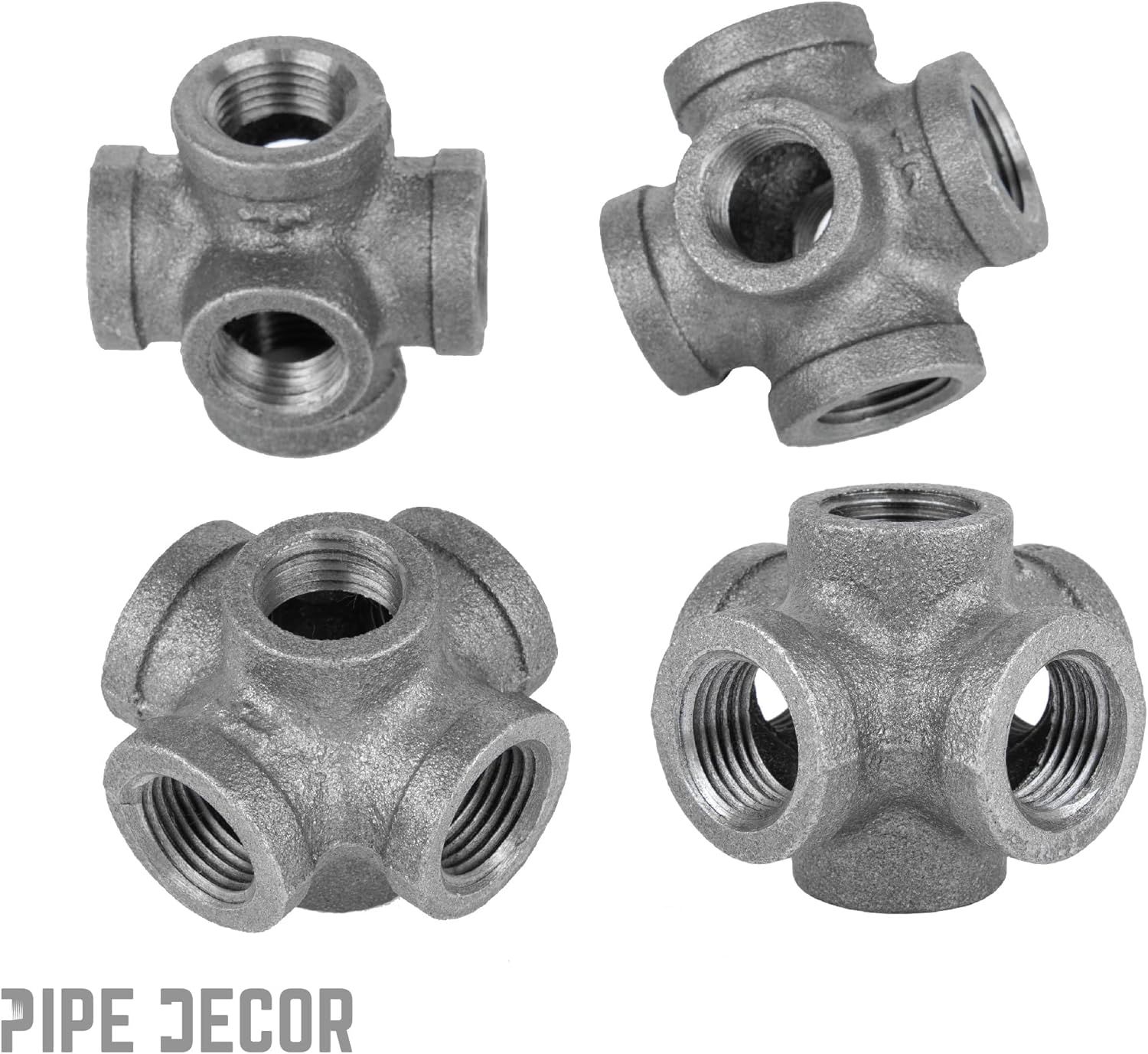 1/2" 6-way Cross Fitting, PIPE DECOR Black Malleable Iron Fittings Fit Standard 1/2 Inch Pipes, Nipples and Fittings, Build Vintage DIY Furniture, 4 Pack