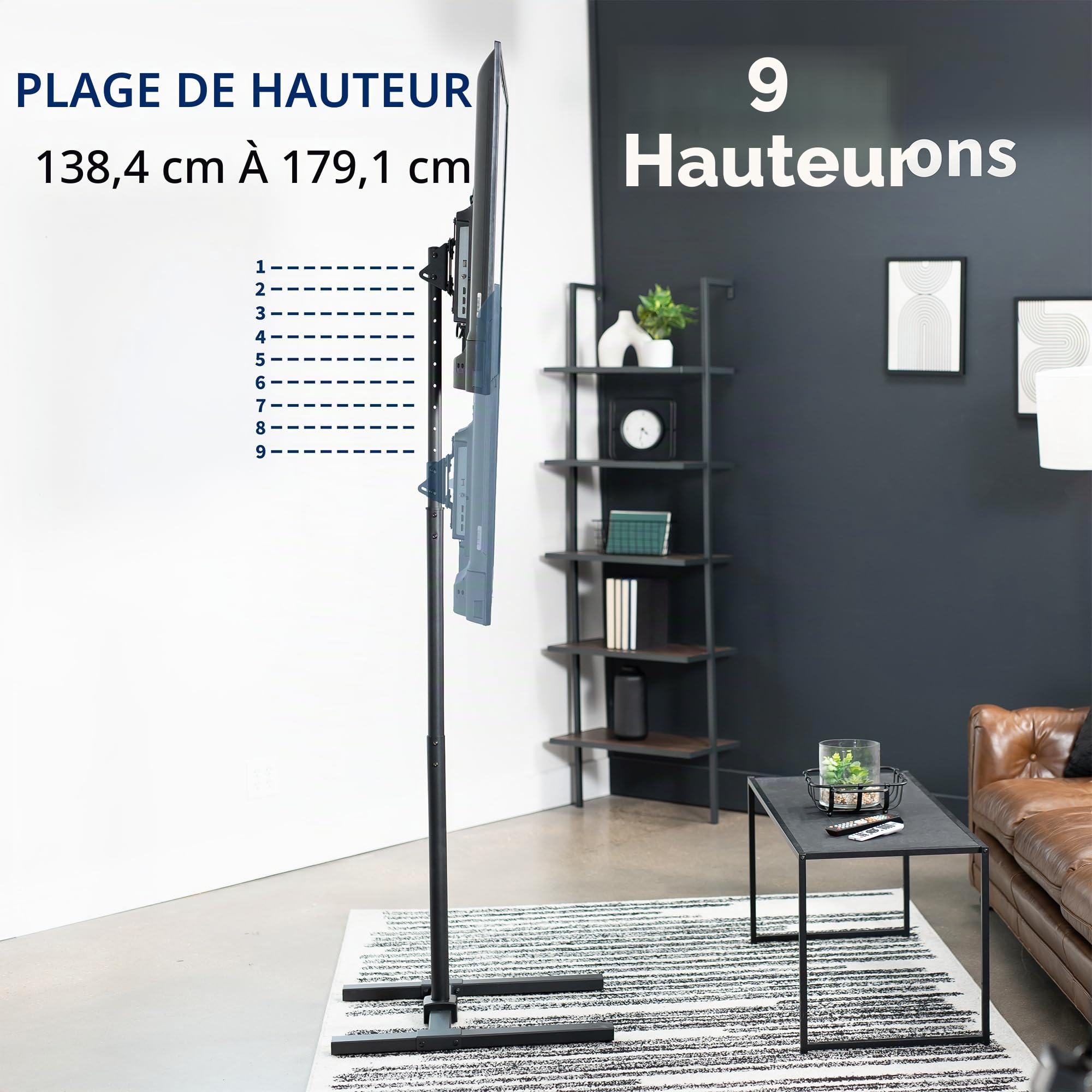 VIVO STAND-TV17 Support TV extra haut pour écrans de 13 à 50" jusqu'à 20 kg, LCD LED OLED 4K plats et incurvés, VESA max. 200x200 mm, poteau haut pour tapis de course et vélos elliptiques, noir