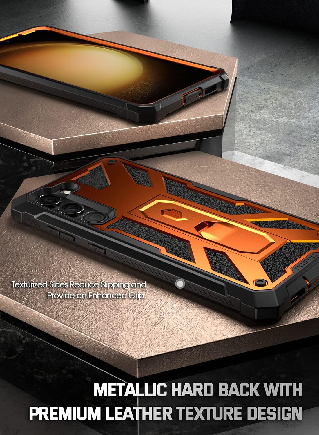 Poetic Spartan Case for Samsung Galaxy S23 5G 6.2 inch, Built-in Screen Protector Work with Fingerprint ID, Full Body Rugged Shockproof Protective Cover Case with Kickstand, Metallic Orange