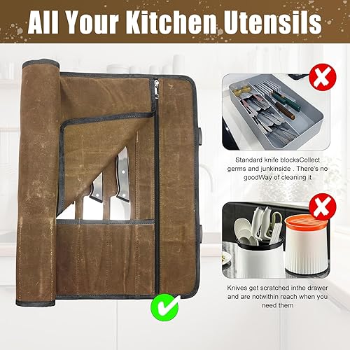 Miniatura 4 de Rollo de cuchillos, bolsa para cuchillos, estuche para cuchillos, bolsa de lona encerada para cuchillos de chef, bolsa portátil para cuchillos con