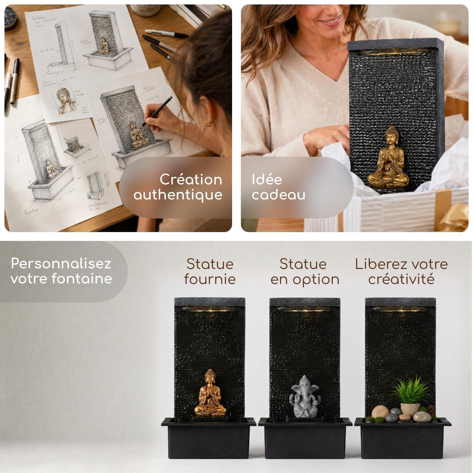 Mur d’Eau Zenitude - Fontaine d’intérieur avec Spot LED Jaune - Grande Fontaine de Table avec Statue Bouddha Amovible - Ambiance Zen pour salon, bureau, chambre - Cadeau Original - H: 40cm - Zen’Light