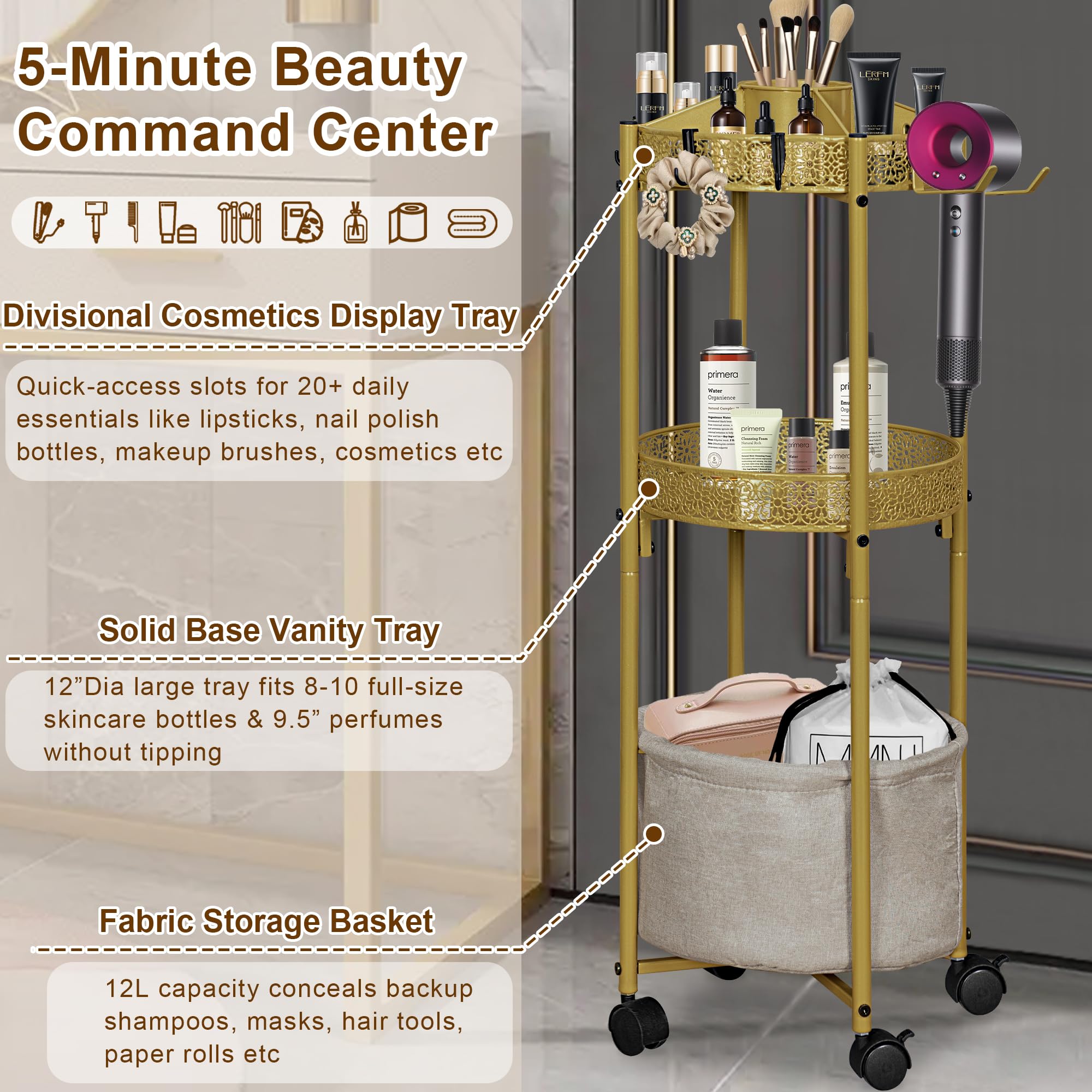 NauwaBarn 3-Tier Rolling Makeup Organizer Cart with Hair Dryer Holder - Salon-Grade Cosmetic Organizer, Mobile Bathroom Storage Cart for Skincare, Makeup Essentials -Locking Wheels (Gold Finish)