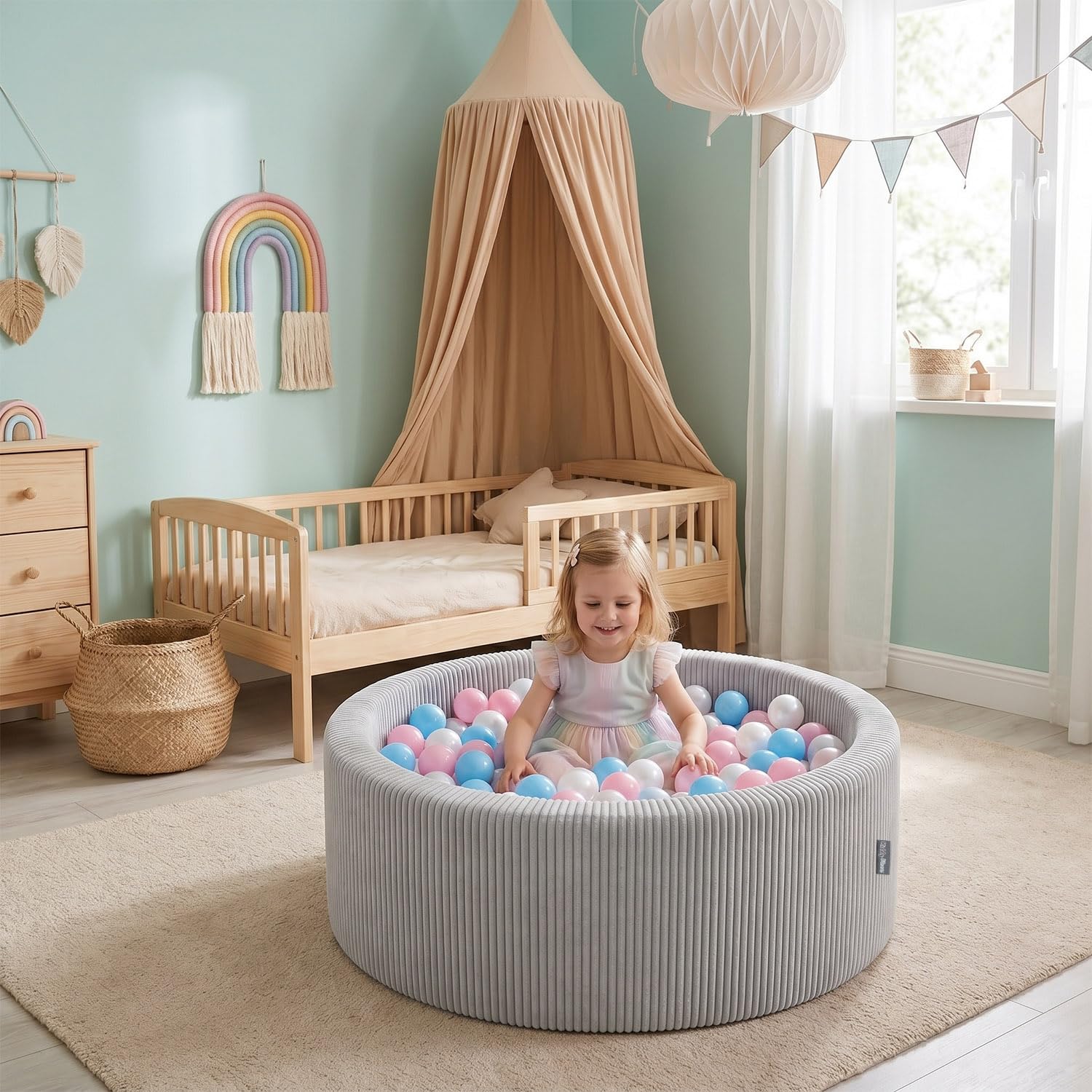 KiddyMoon Piscina para Bebé Y Niño, 90 X 30 Cm con 200 Bolas, Piscina Infantil De Espuma Suave, Funda Acanalada Lavable, para Juegos En Casa