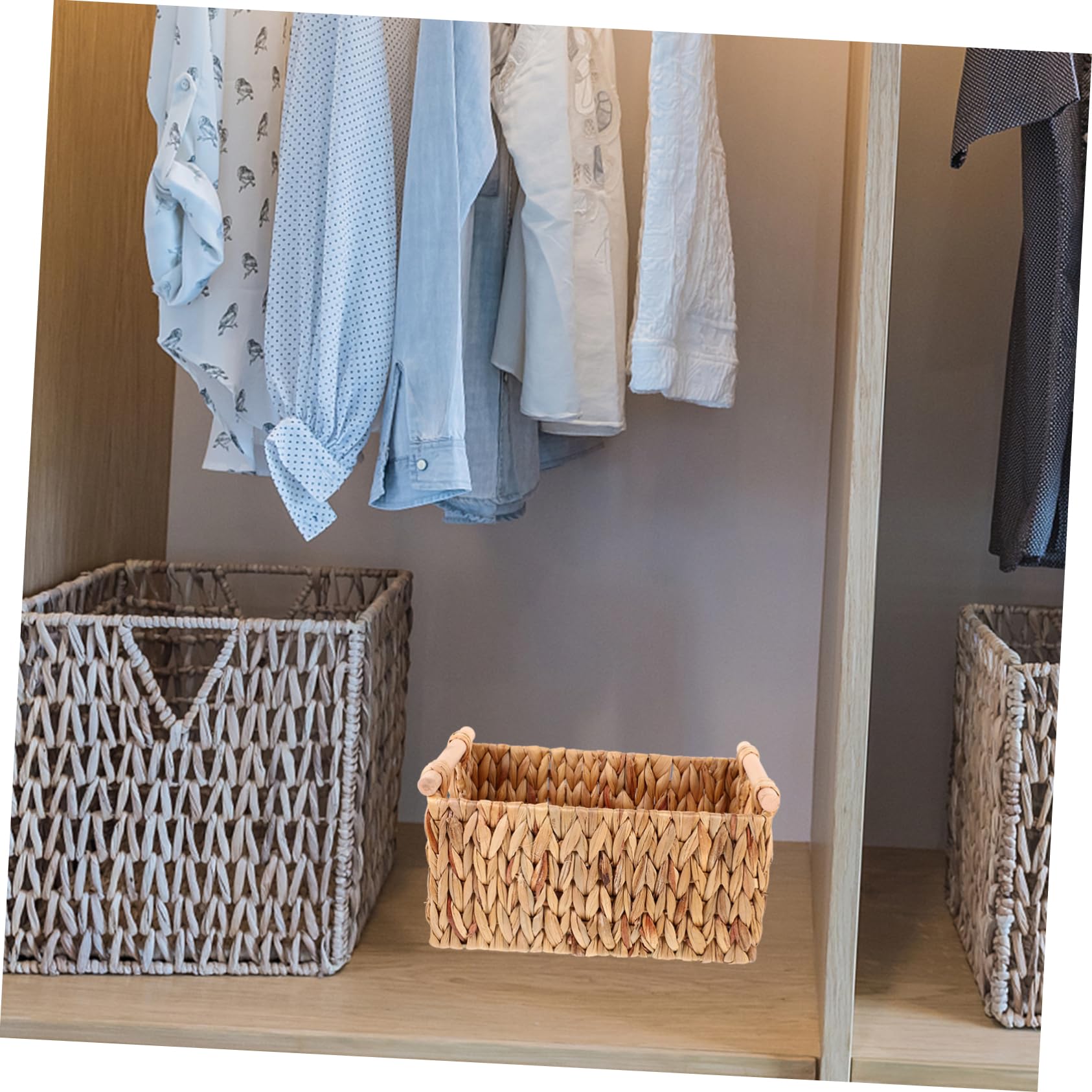 Cesta Tejida de Estilo Rústico y Natural con Asa de Madera, de Fibra Natural y Hierro, para Almacenar Libros o Papel Higiénico en Casa