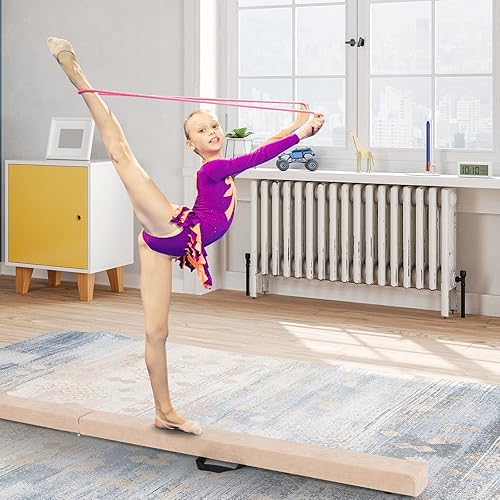 Miniatura 8 de GYMAX Haz de equilibrio, viga de gimnasia plegable de 7 pies con asa de transporte, cubierta de gamuza sintética y base de madera maciza, viga de