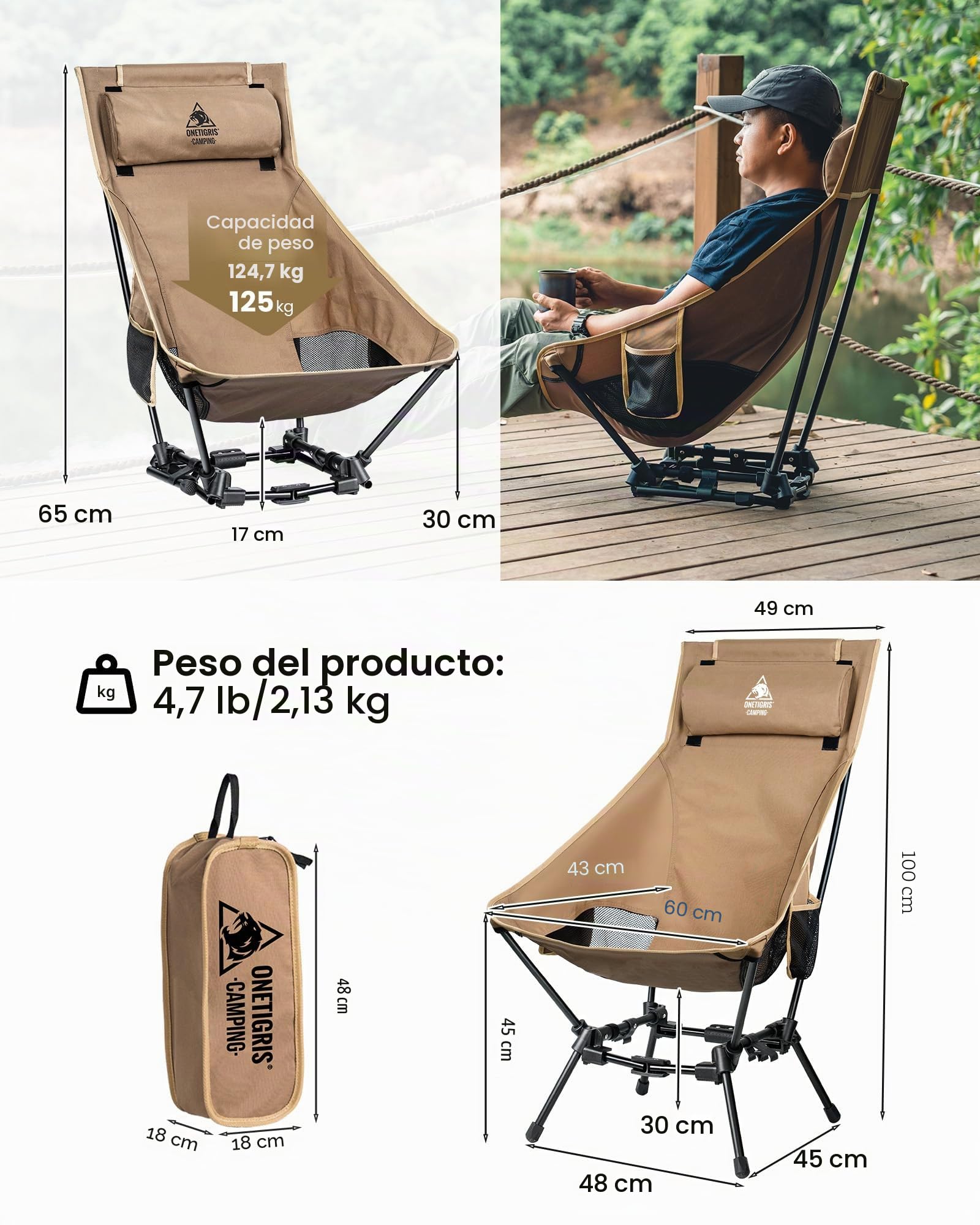 OneTigris Dragonhide - Silla de camping con respaldo alto, silla plegable, 150 kg, silla de camping ligera, silla de pesca plegable con 2 bolsillos laterales, silla plegable ultraligera para