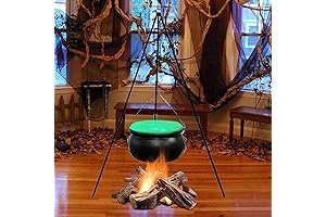 Halloween Large Witches Cauldron Outside on Tripod with Lights