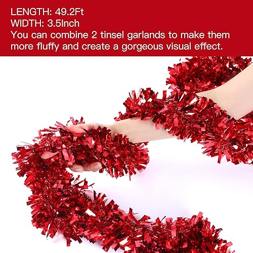 Miniatura 6 de Sggvecsy Guirnalda de oropel rojo de Navidad de 49.2 pies, decoración de árbol de Navidad, guirnalda metálica giratoria de Navidad, decoraciones