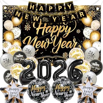 New Years Eve Party Supplies 2026 Set, Black and Gold Happy New Year Banner Decorations Backdrop 2026 Balloon Numbers New Year Foil Balloons for New Years Eve Party Supplies