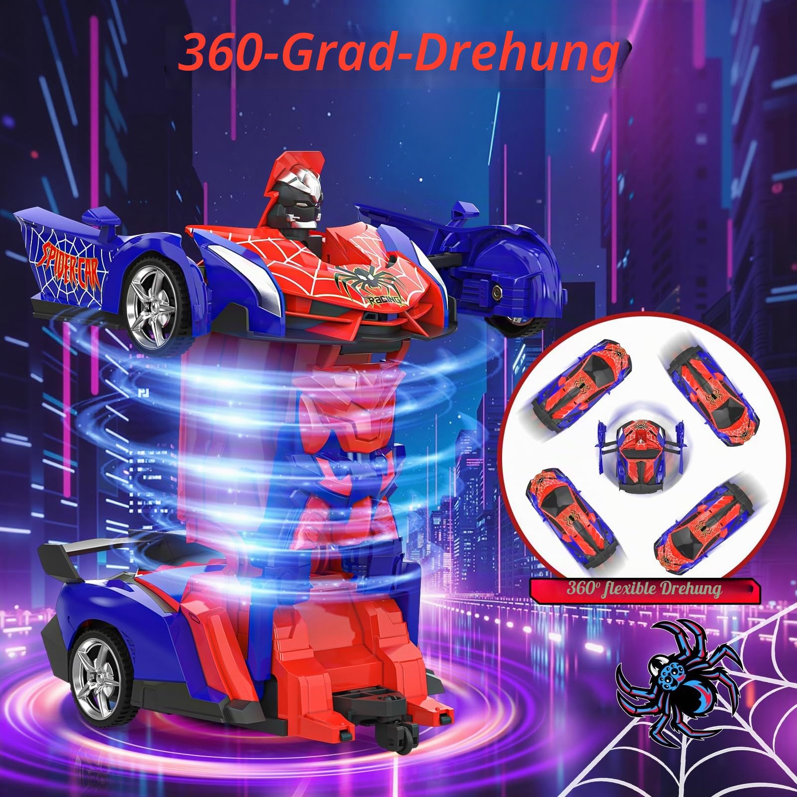 Spider Ferngesteuertes Auto Roboter, Transformation RC Remote Car mit Fernbedienung Kinder Spielzeug Jungen Mädchen 3 4 5 6 7 8 9 10 Jahre Spiele Ostern Geburtstag Geschenk Rennauto 2.4GHz 1:18
