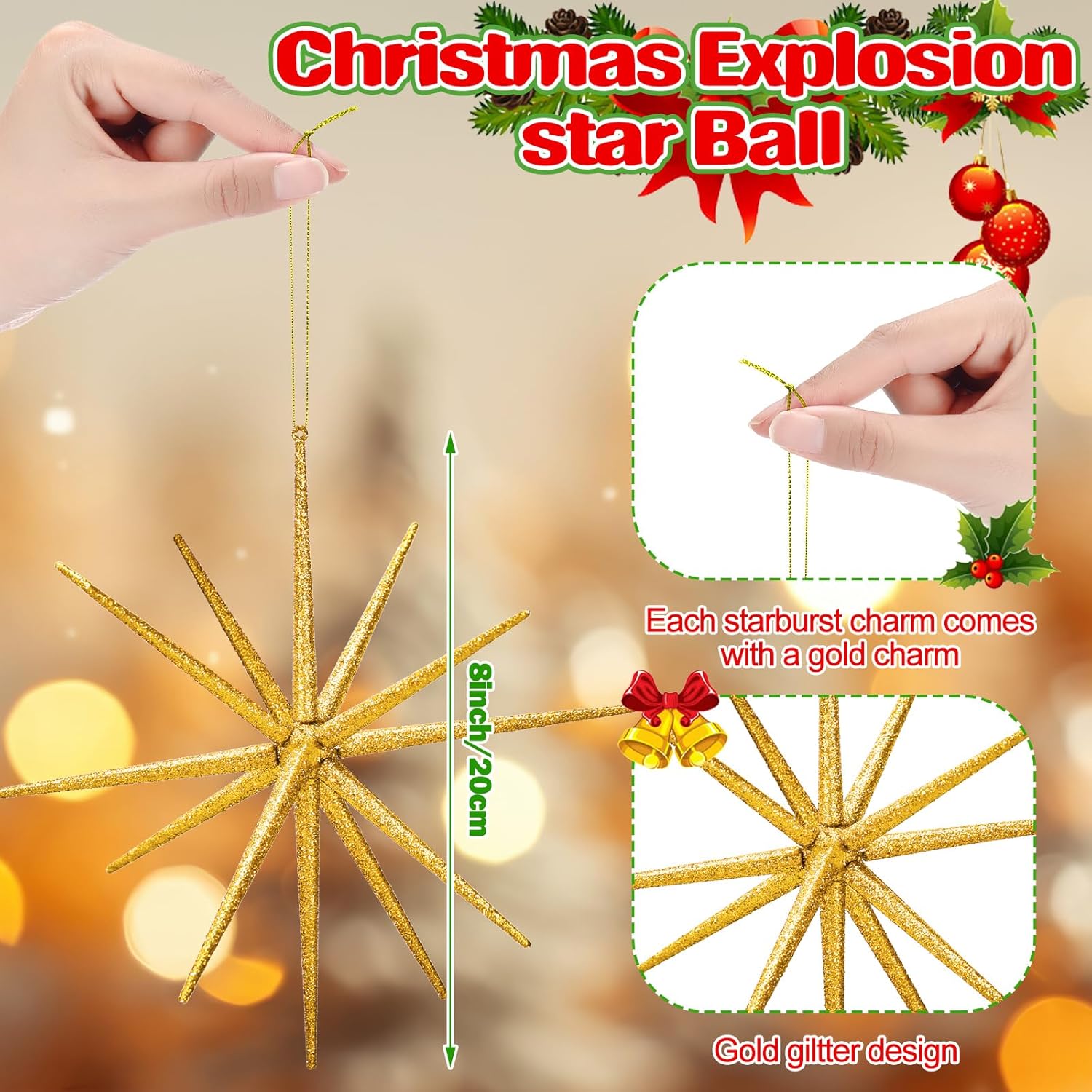 Syhood 12 Pcs Glitter Starburst Christmas Ornament 8 Inch Diameter Star Hanging Tree Ornaments Holiday Tabletop Decorations Christmas Party Decor Xmas Gifts(Gold)