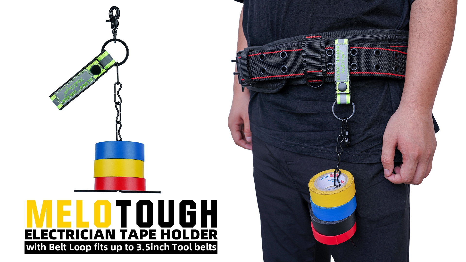 Image of MELOTOUGH Tape Thong for Tool Belt Waist Electricians Tape Holder Chain with Keyring and trigger snap hook (Reflective Green, 2)