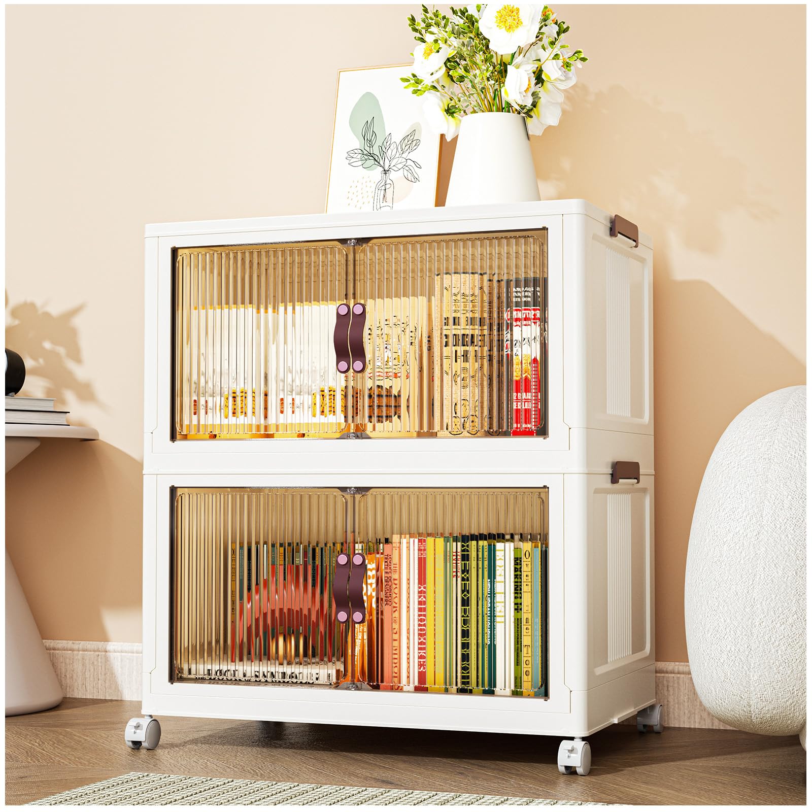 Stackable Storage Bins, Collapsible Storage Bins for Bedroom, Storage Bins with Lids and Wheels, Closet Organizers and Storage for Living-room, Storage Cabinet with Door (2 Tiers 204Qt)