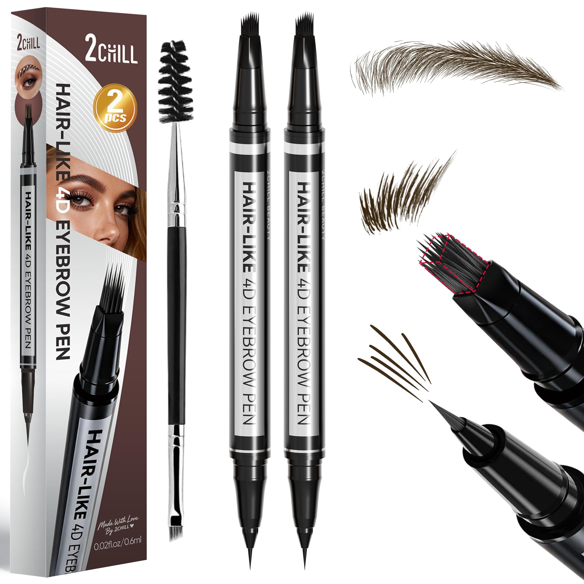 2-Pack Eyebrow Pencils for Women, 30°Curved Magic 2 in 1 Eyebrow Pencil, Waterproof Eye Brow Pen with 4D Square Brush-Tip, Microblading Brow Pencils for Precise Hair Like Strokes, Last All Day Makeup Dark Brown