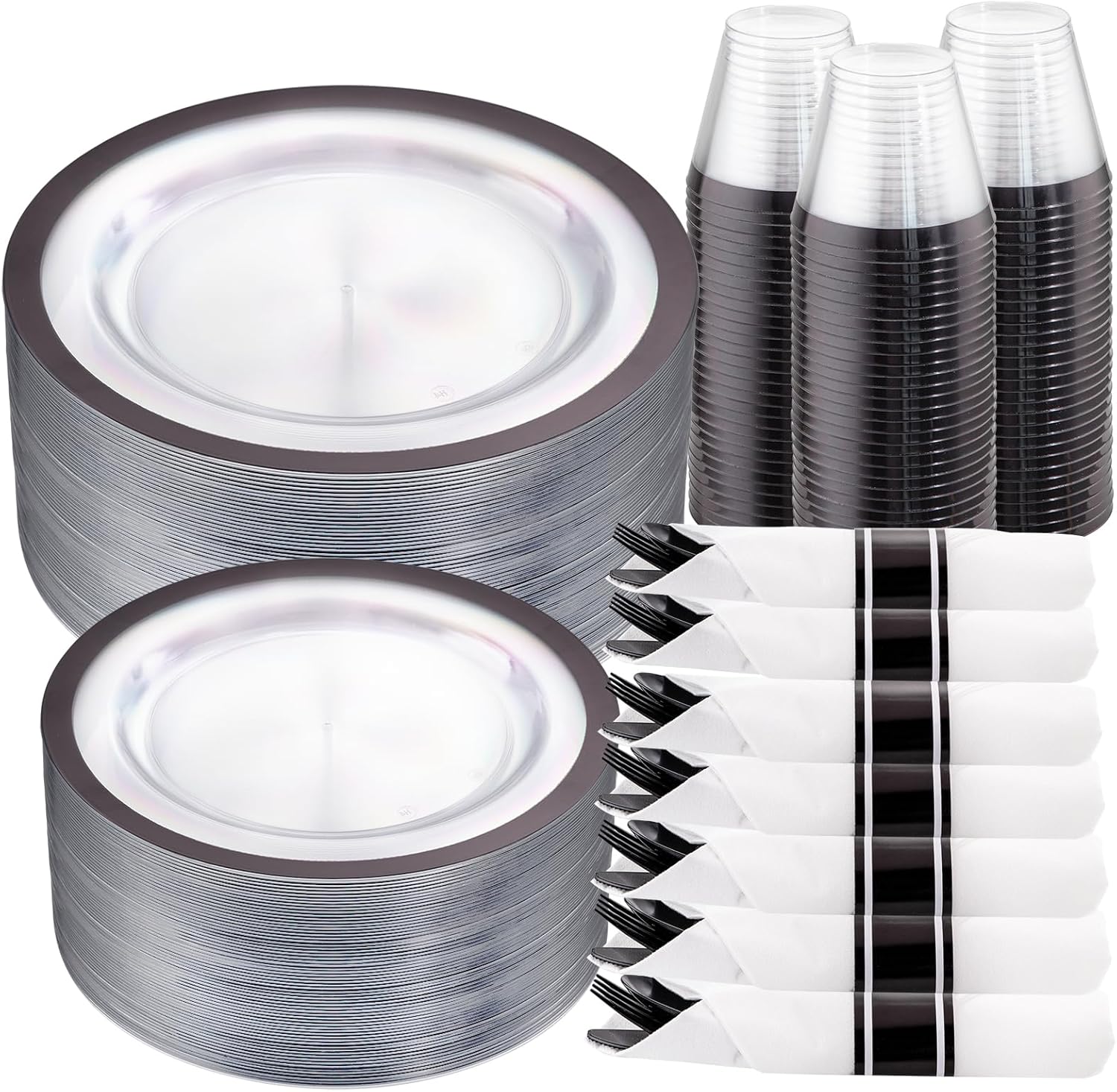 i00000 210 pcs clear and black plastic plates, halloween disposable dinnerware set, include 30 dinner 30 dessert plates,30 plastic cups 9 oz,30 pre rolled napkins with cutlery for halloween party 210 piece(30 guests) clear black