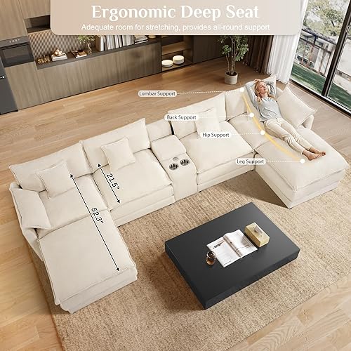 Miniatura 4 de Sofá de nube en forma de U de 145 pulgadas, cómodos sofás seccionales blancos para sala de estar, sofás modulares modernos y esponjosos de gran