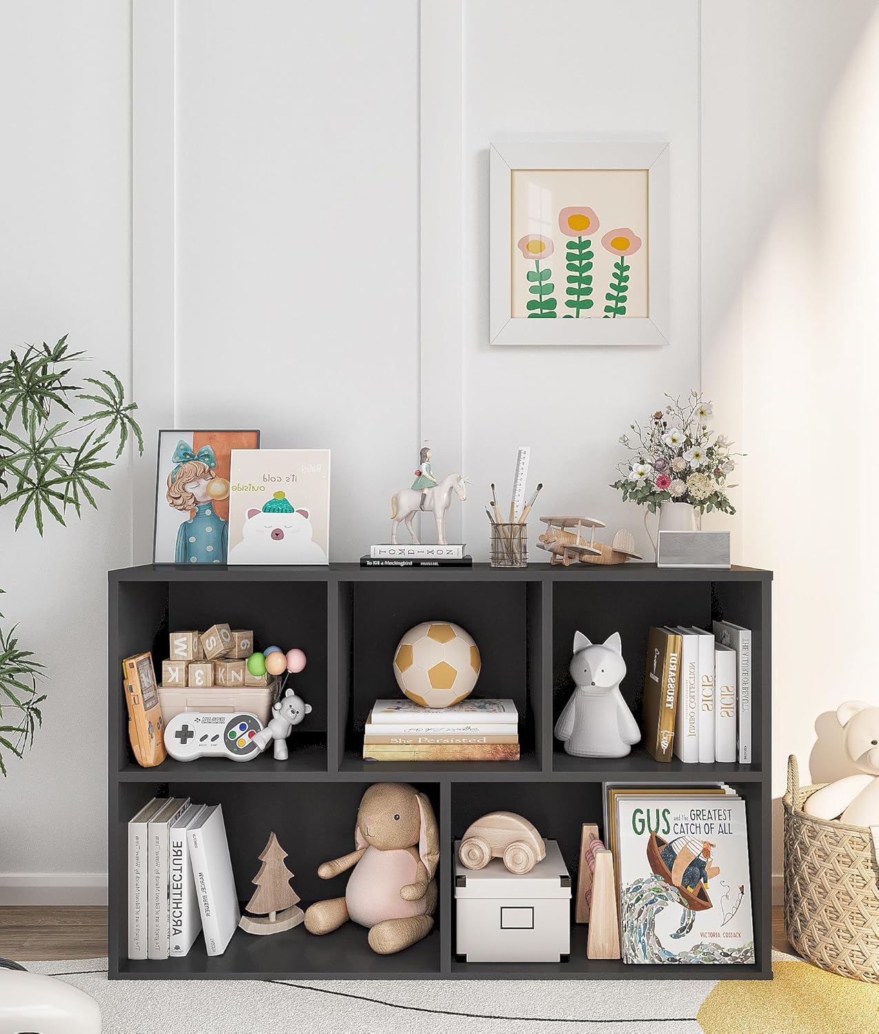 Montessori Toy Storage Shelf, Kids Toy and Book Storage Organizer for Kids Room Playroom Livingroom, Black