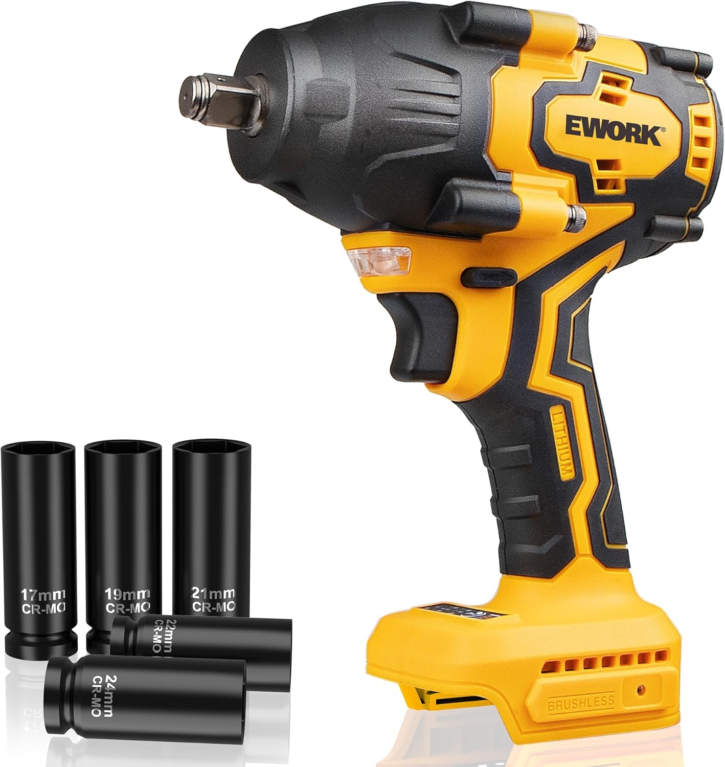 EWORK 21V 1/2" Cordless Impact Wrench 775 Ft-lbs Brushless High Torque, Compact 3-Speed w/5 Sockets (Tool Only)