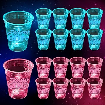 mishunyus 40-Pack Glow in the Dark Gender Reveal Cups - Team Boy & Girl Baby Shower Party Supplies 20 Blue + 20 Pink 16 oz Plastic Cups for Gender Announcement Party Decorations
