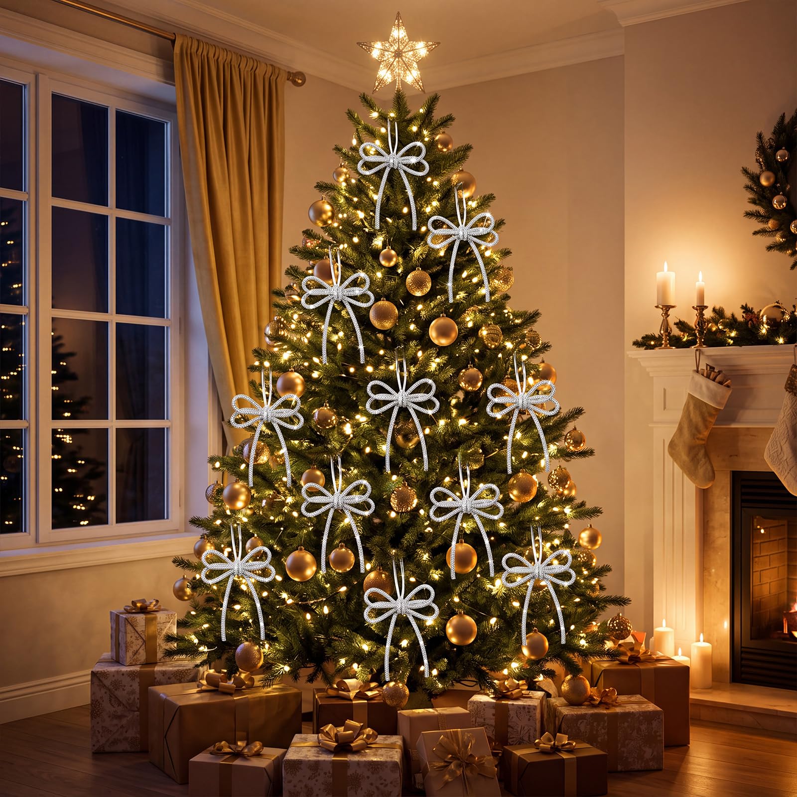Pinkunn 20 fiocchi natalizi con strass, con design a doppio strato, con strass scintillanti, con cravatta intrecciata, decorazione per albero di Natale, ghirlande, confezioni regalo (bianco)