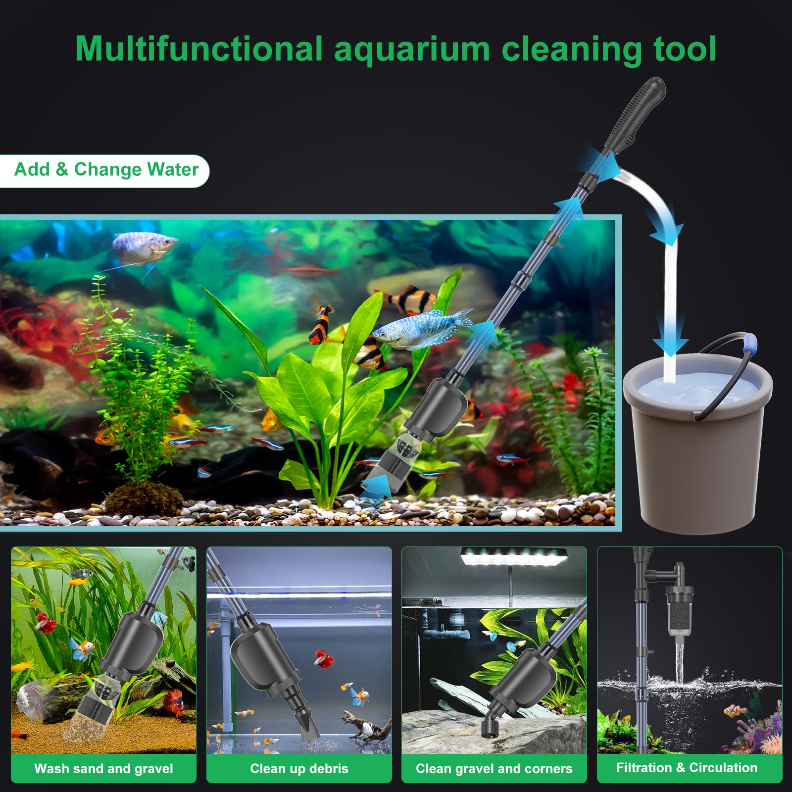 SYSENCIAGA Electric Aquarium Vacuum Gravel Cleaner, 36W Electric Fish Tank Cleaning Tools with Strong Suction for Automatic Water Change Algae Filter Water Circulation Wash Sand 580GPH (Black) - image 4