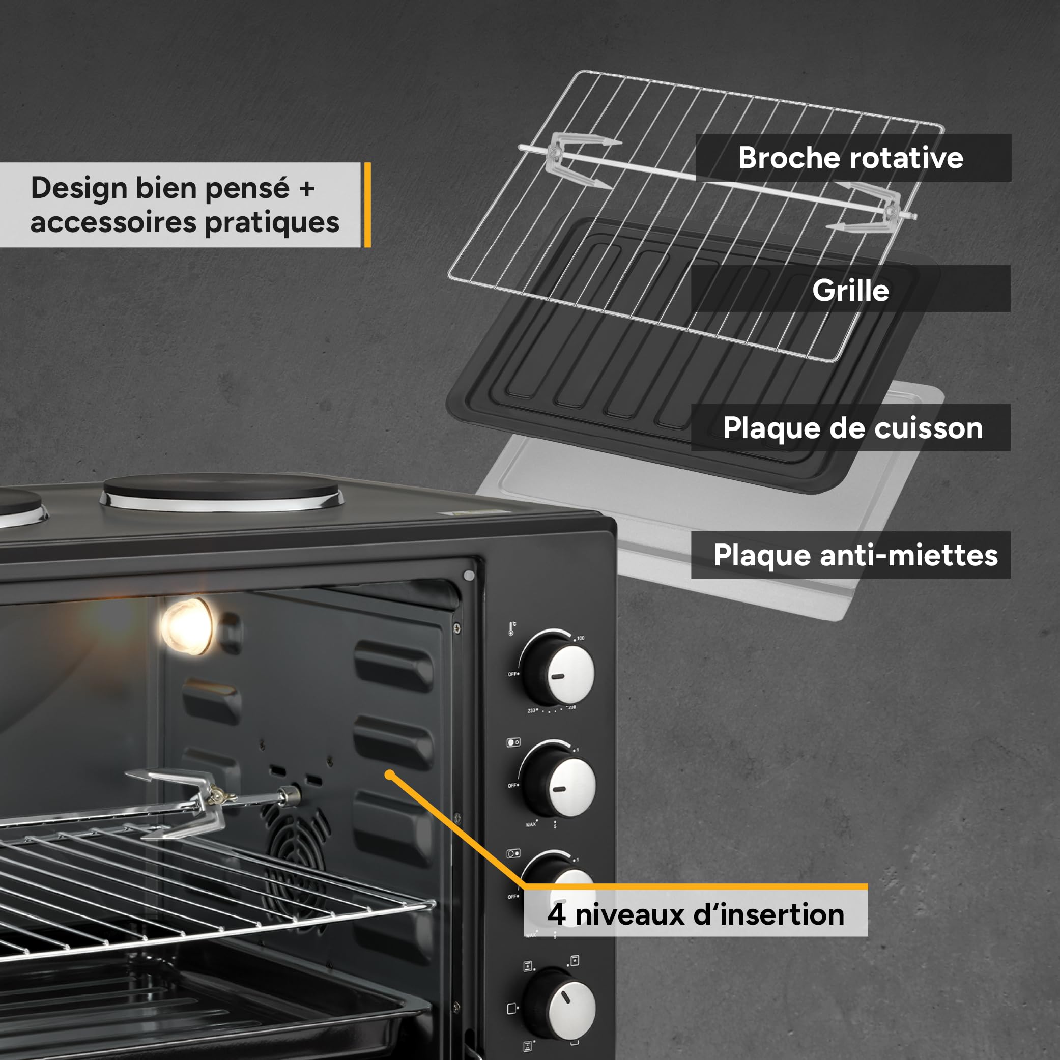 TZS First Austria - Mini-Four avec plaques de cuisson 60L 3200 W - Four à pizza jusqu'à 230°C et 6 modes de chauffage - Four multifonction avec 4 hauteurs d'insertion et accessoires de haute qualité