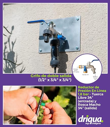 Kit d'arrosage goutte à goutte pour balcons, terrasses et potager urbain, 20-25 pots, robinet double laiton, réducteur de pression, goutteurs auto-compensateurs, microtube 25 m, installation facile - 3