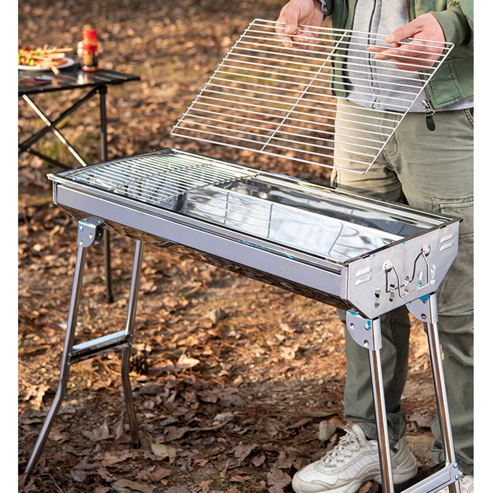 Barbecue Griglia a Carbone Griglie per barbecue pieghevoli inossidabile da esterno Picnic Barbecue Rack Grill Grill Stufa a carbonizzatore Accessori per picnic Adatto per 3-6 persone, argento Utensile