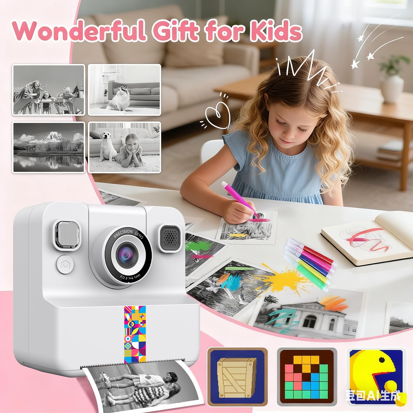 Macchina Fotografica Bambini Istantanea,2.4 Pollici 48MP Fotocamera Digitale con 32GB Scheda & Papier Photo,Regalo di Natale per Bambini dai 3-12 Anni