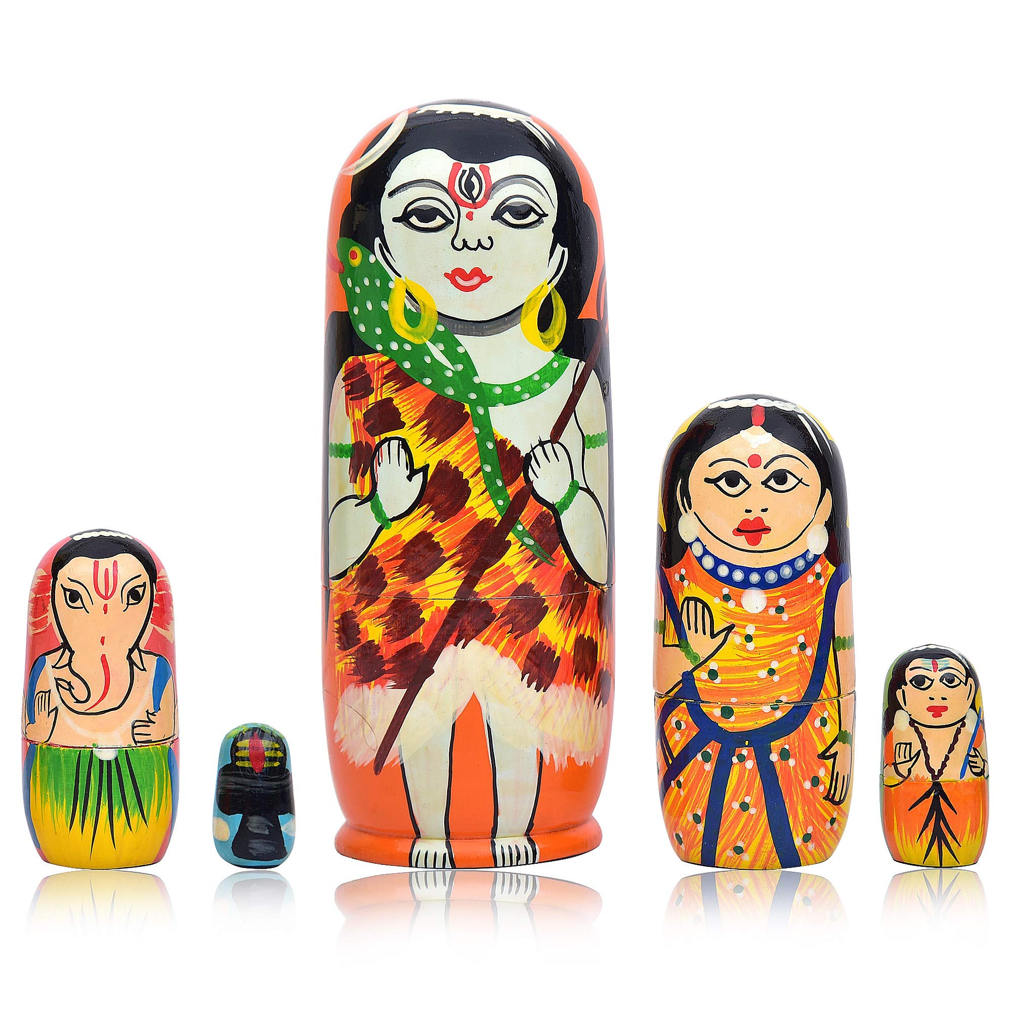 Fine Craft India Wooden Hand Painted India Set of 5Pcs Hand Painted Religious Shiva Family Wooden Indian God