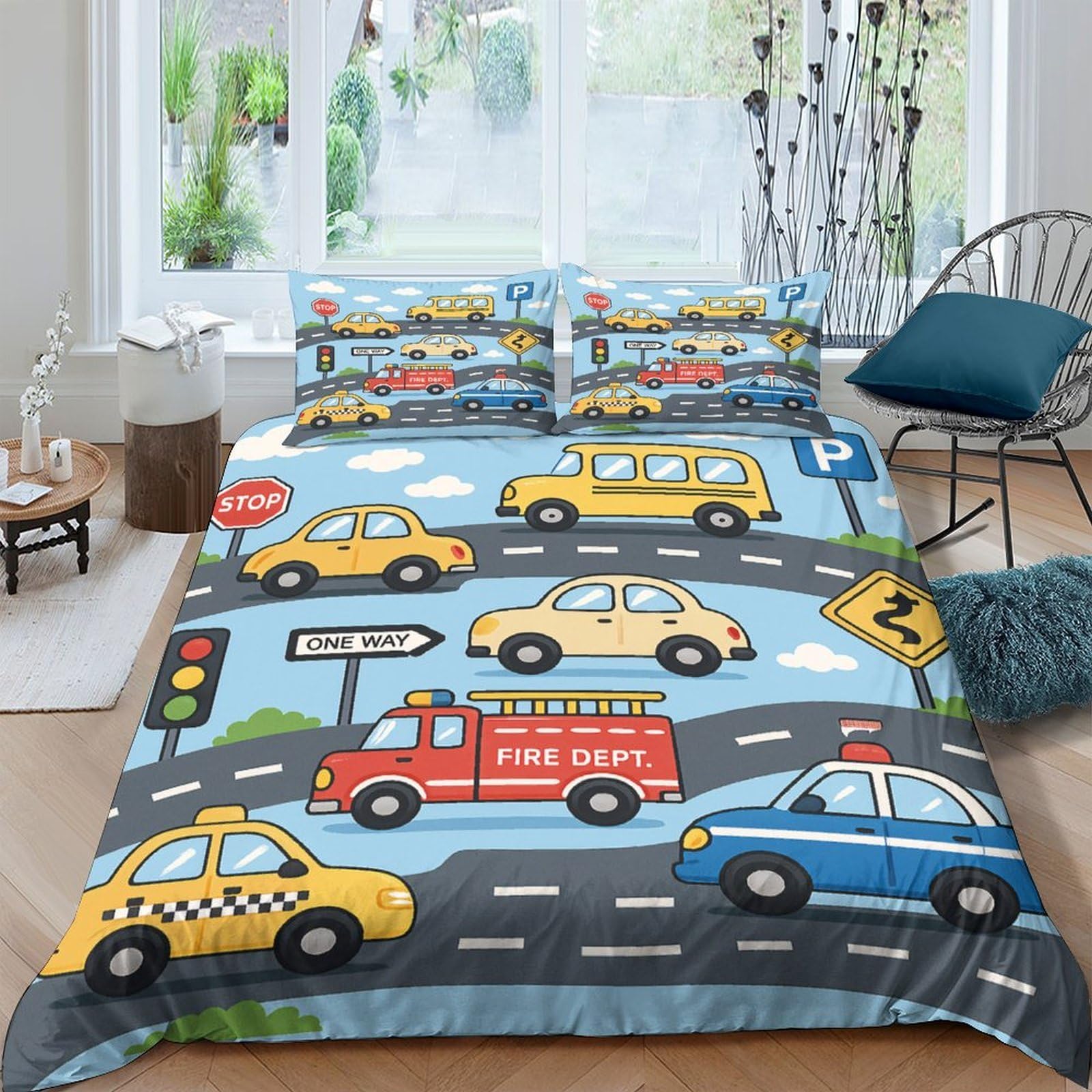 Ctjqhvkz Style-7 3D Printed Cartoon Traffic Fitted Sheet Microfiber Soft Road Vehicles Bed Cover For Bedroom Guest Room Machine Washable Non Slip Single（135X200cm）